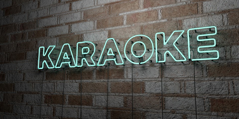 Wall Mural - karaoke - glowing neon sign on stonework wall - 3d rendered royalty free stock illustration. can be 