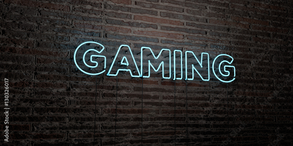 GAMING -Realistic Neon Sign on Brick Wall background - 3D rendered ...