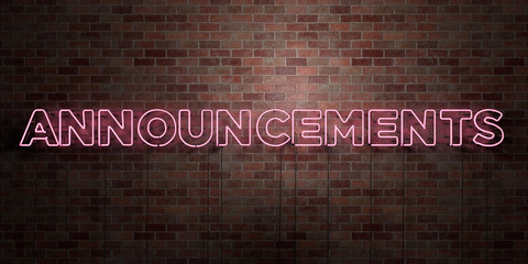 Wall Mural - announcements - fluorescent neon tube sign on brickwork - front view - 3d rendered royalty free stoc