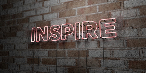 Wall Mural - inspire - glowing neon sign on stonework wall - 3d rendered royalty free stock illustration. can be 