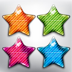 Wall Mural - Abstract vector banner set of 4. Glass stones in shape of stars with yellow, green, blue and violet design on the white background. Each item contains space for own text. Vector illustration. Eps10.