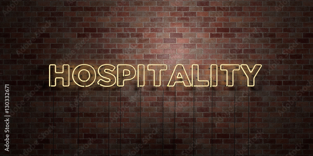HOSPITALITY - fluorescent Neon tube Sign on brickwork - Front view - 3D rendered royalty free stock picture. Can be used for online banner ads and direct mailers.. - obrazy, fototapety, plakaty 