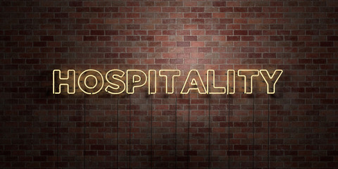 Wall Mural - HOSPITALITY - fluorescent Neon tube Sign on brickwork - Front view - 3D rendered royalty free stock picture. Can be used for online banner ads and direct mailers..