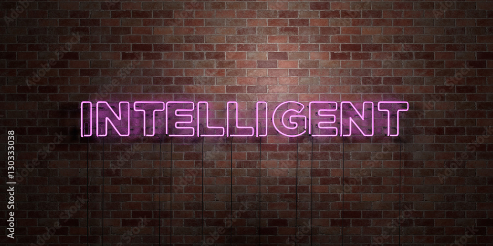 INTELLIGENT - fluorescent Neon tube Sign on brickwork - Front view - 3D rendered royalty free stock picture. Can be used for online banner ads and direct mailers.. - obrazy, fototapety, plakaty 