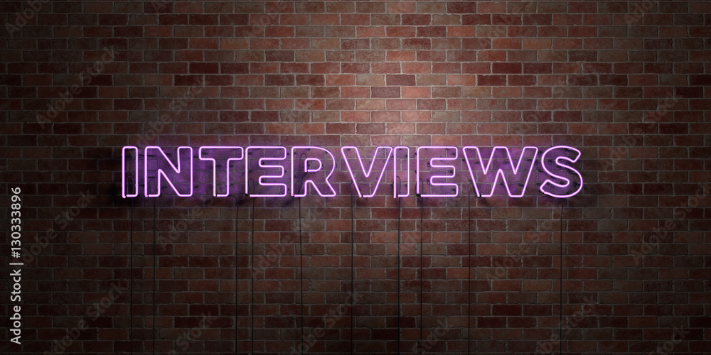 INTERVIEWS - fluorescent Neon tube Sign on brickwork - Front view - 3D rendered royalty free stock picture. Can be used for online banner ads and direct mailers.. - obrazy, fototapety, plakaty 