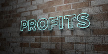 PROFITS - Glowing Neon Sign On Stonework Wall - 3D Rendered Royalty Free Stock Illustration.  Can Be Used For Online Banner Ads And Direct Mailers..