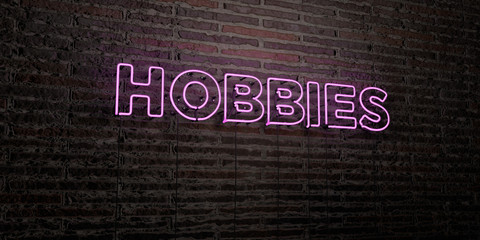 HOBBIES -Realistic Neon Sign on Brick Wall background - 3D rendered royalty free stock image. Can be used for online banner ads and direct mailers..