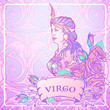 Beautiful woman with a decorative flower frame. Seamless pattern background. Zodiac Art Nouveau luxury style set. Virgo. Tattoo design. Pastel goth colors. EPS10 vector illustration.