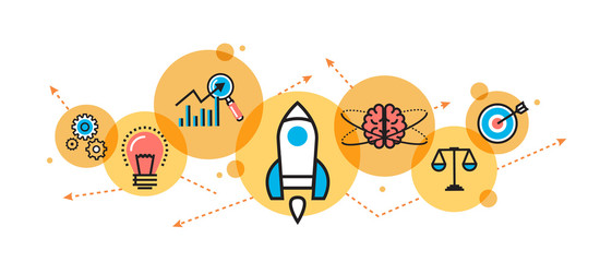Wall Mural - flat line illustration of business project startup process from idea to success for website banner a