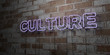 CULTURE - Glowing Neon Sign on stonework wall - 3D rendered royalty free stock illustration.  Can be used for online banner ads and direct mailers..
