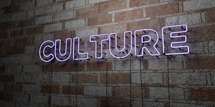 culture - glowing neon sign on stonework wall - 3d rendered royalty free stock illustration. can be 