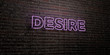 DESIRE -Realistic Neon Sign on Brick Wall background - 3D rendered royalty free stock image. Can be used for online banner ads and direct mailers..