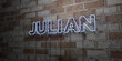 JULIAN - Glowing Neon Sign on stonework wall - 3D rendered royalty free stock illustration.  Can be used for online banner ads and direct mailers..