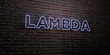 LAMBDA -Realistic Neon Sign on Brick Wall background - 3D rendered royalty free stock image. Can be used for online banner ads and direct mailers..