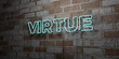 VIRTUE - Glowing Neon Sign on stonework wall - 3D rendered royalty free stock illustration.  Can be used for online banner ads and direct mailers..