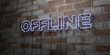 OFFLINE - Glowing Neon Sign on stonework wall - 3D rendered royalty free stock illustration.  Can be used for online banner ads and direct mailers..