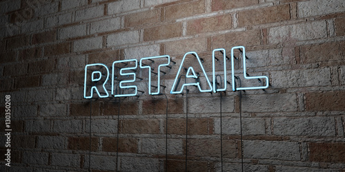 Fotografía RETAIL - Glowing Neon Sign on stonework wall - 3D rendered royalty free stock illustration