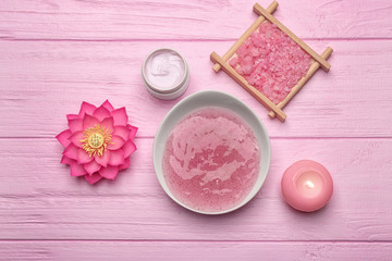 Spa still life on pink wooden background