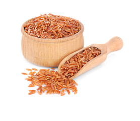 Canvas Print - Red rice in wooden bowl and scoop on white background