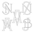 Set of elegant monograms with two letters. SN ZN AV AW JB. Monogram logo identity for author, photographer, restaurant, hotel, heraldic, jewelry.