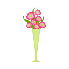  Pink Blooming Flower Bouquet In Tall Flower Vase, Flower Shop Decorative Plants Assortment Item Cartoon Vector Illustration