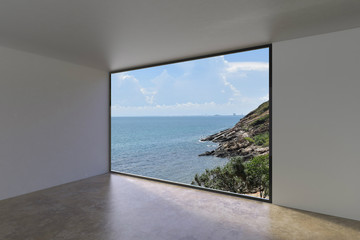 Living villa Indoor Empty loft style on Sea view on Background 