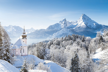 Wall Mural - church of maria gern with watzmann in winter, berchtesgadener land, bavaria, germany