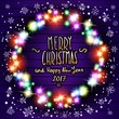 © 7razer - vector merry chrismas and Happy new year 2017. Glowing White Christmas Lights Wreath for Xmas Holiday Greeting Cards Design. Wooden Hand Drawn Background. art