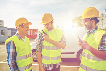 Sticker - happy male builders in vests with walkie talkie