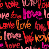 Seamless pattern with brush strokes and scribbles, words LOVE in