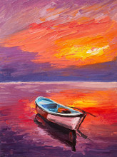 Oil Painting, Boat On The Sea, Art Impressionism, Colorful Sunset