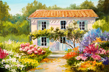 Oil Painting On Canvas Of A Beautiful House And Flowers, Abstract Drawing, Watercolor Art