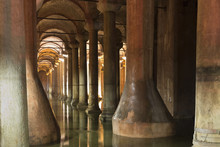 Water Reflecting Columns At Basilica Cistern (Sunken Palace) Subterranean Water System Underground, Istanbul, Turkey