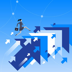 Wall Mural - Running up to success business concept. Confident business woman in business suit with case in his hand running up jumping from one flying arrow to another. Successful career, successful investment.