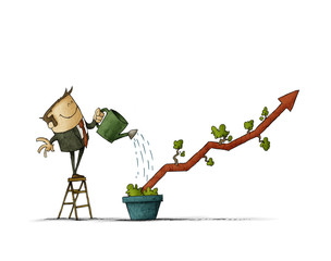 Business man Watering a plant shaped like a graph in a pot