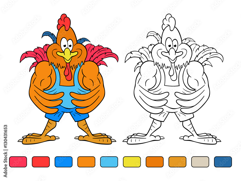 Rooster Bodybuilder Funny cartoon rooster-bodybuilder shows his huge arm muscles. Coloring ...
