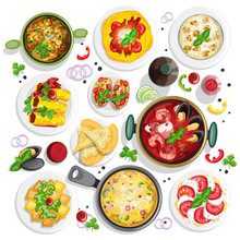 Collection Of Italian Food Top View Iluustrations