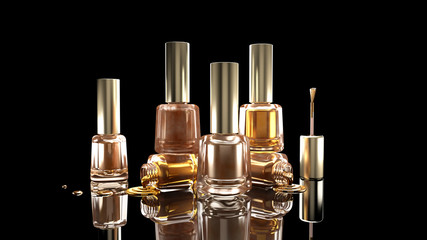 Black stylish background with a gold bottles of nail polish. Fas