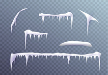 Set Of Snow Icicles Isolated On Transparent Background. Vector Illustration
