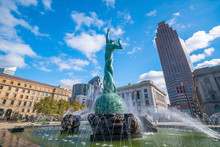 Downtown Cleveland Skyline And Fountain Of Eternal Life Statue