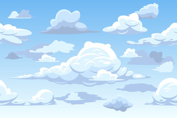 Vector cartoon blue cloudy sky horizontal seamless pattern