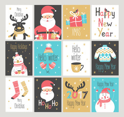 Wall Mural - Set of New Year and Christmas greetings cards. Vector illustration