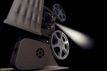 Wall Mural - 3D illustration of retro film projector with light beam on black back side view