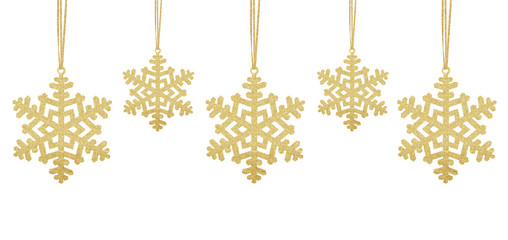 Golden Christmas snowflakes on ribbon isolated on white backgrou