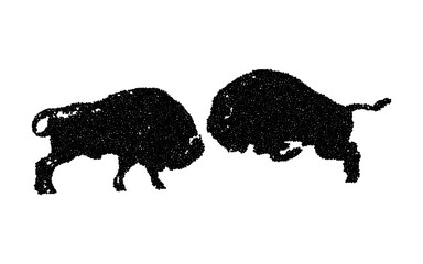 two black bison fighting. stipple effect. white background. vector illustration.