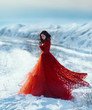 © kharchenkoirina - fantasy woman queen walks in red lush vintage medieval dress, train fabric skirt fly in wind. Beautiful brunette hair. long scarlet outfit. background of white winter nature snowy landscape