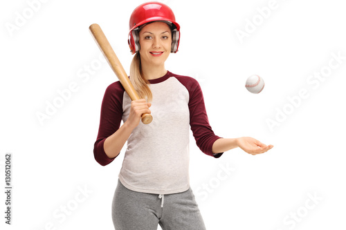 Plakat Kobieta z baseballem i nietoperzem