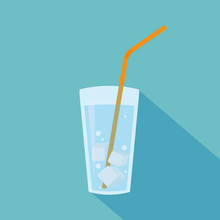 Glass Of Water With Ice Cubes And Orange Straw. Vector Illustration