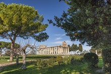 Large View Of The Athena Greek Temple, In Paestum, Salerno, Italy
