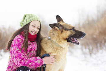 Wall Mural - girl child and dog Shepherd